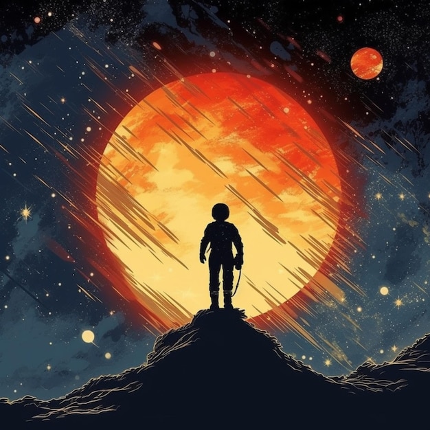 Un astronaute se tient sur une colline devant une planète rouge avec la planète rouge en arrière-plan.
