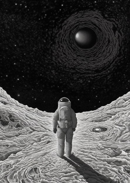 Un astronaute se tient sur la lune en regardant la lune.