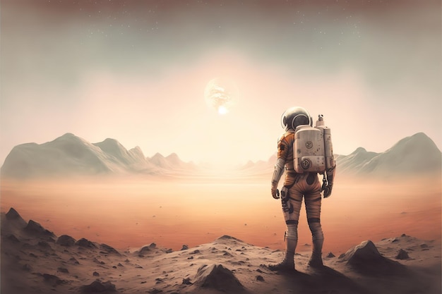 Un astronaute se tient sur une planète déserte à la surface de Mars
