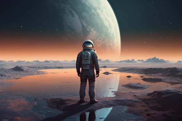 Un astronaute se tient sur une planète avec la lune en arrière-plan