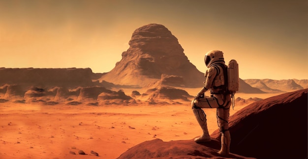 Un astronaute se tient sur une planète rouge avec une montagne en arrière-plan.