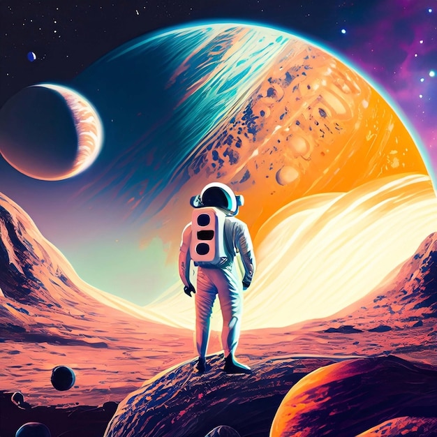 Astronaute solitaire en combinaison spatiale debout sur la Lune regardant la Terre au loin