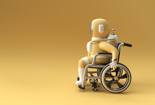 Astronaute de Spaceman de rendu 3D Assis sur la conception d'illustration 3d de fauteuil roulant.