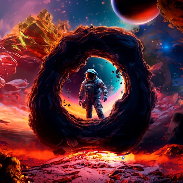 L'astronaute de Starfield regarde un portail sur une planète colorée dans l'espace