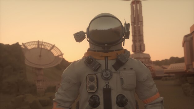 Astronaute à la surface de Mars. Concept de colonisation de Mars. rendu 3D