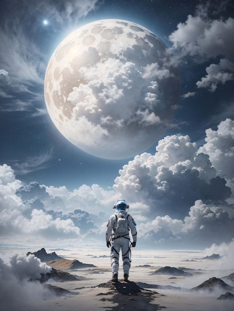 Astronaute sur la surface d'une planète extraterrestre avec fond de paysage atmosphère nuages