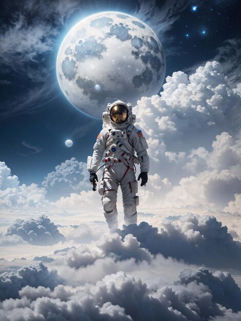 Astronaute sur la surface d'une planète extraterrestre avec fond de paysage atmosphère nuages