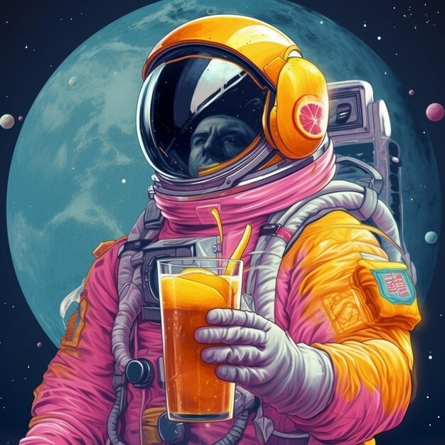 astronaute tenant un verre de jus d'orange devant une IA générative de pleine lune