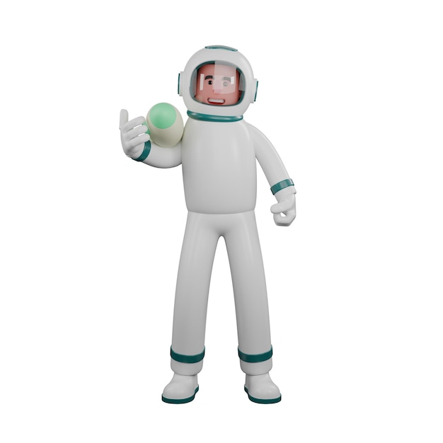 Un astronaute tient une fusée miniature dans sa main gauche.