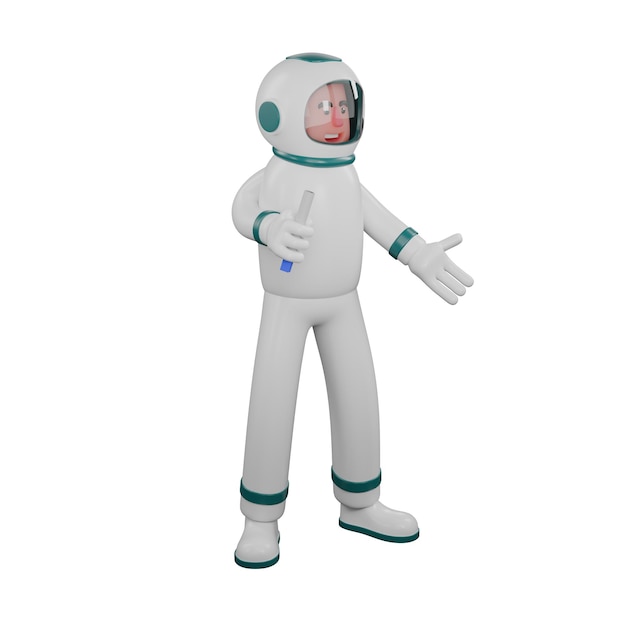 Un astronaute tient un outil dans sa main gauche et ouvre sa main droite.