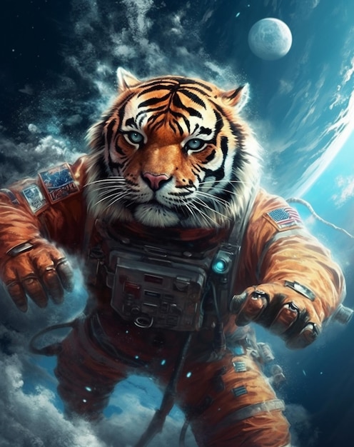 Astronaute tigre sur le fond de l'espace