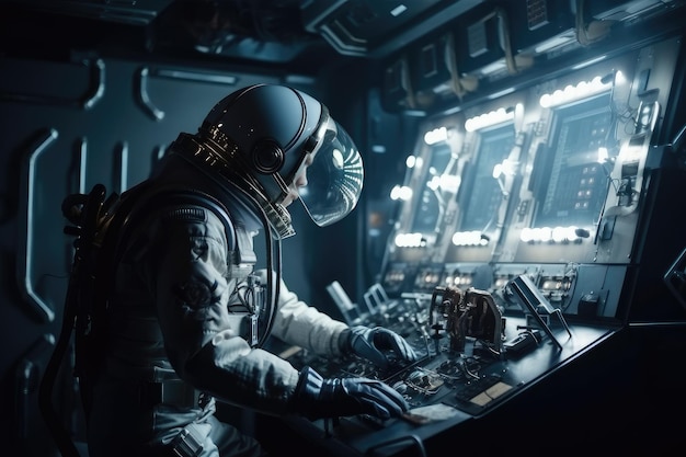 Astronaute travaillant avec une machine futuriste se préparant à une mission créée avec une IA générative