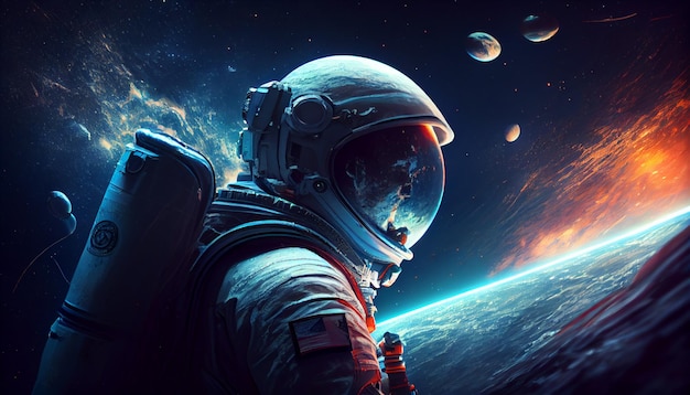L'astronaute voyage dans le concept de planètes et d'étoiles spatiales