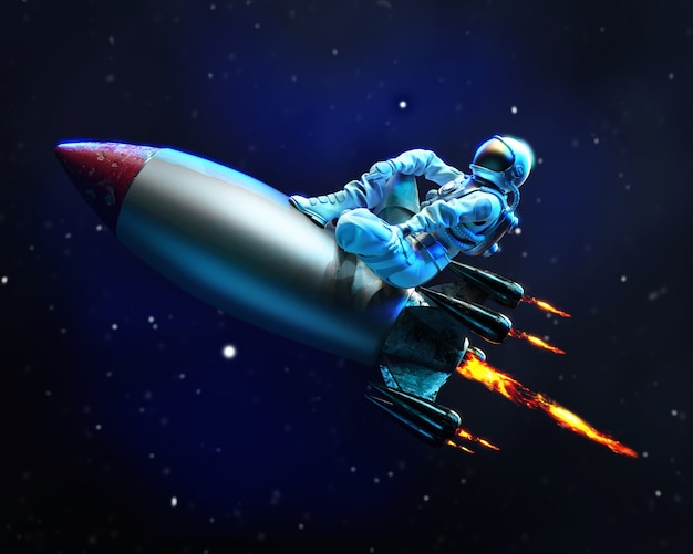 L'astronaute voyage dans l'espace assis sur le missile volant, illustration 3D