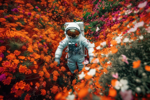 Astronaute avec vue sur le champ de fleurs vibrant d'en haut flottant parmi les fleurs