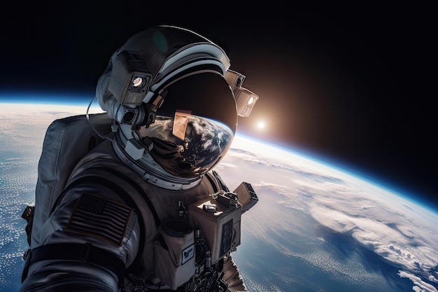 Astronaute avec vue sur la planète terre lors d'un voyage de tourisme spatial