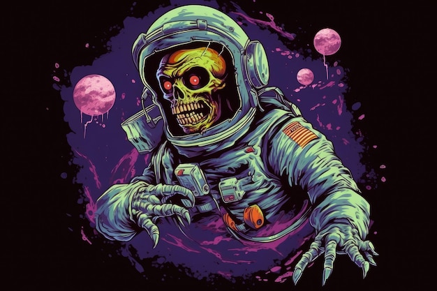 Photo un astronaute zombie avec un t-shirt professionnel brains in space, thème halloween généré par l'ia