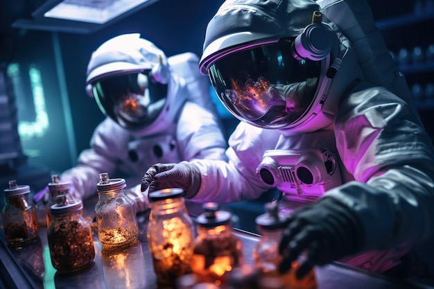 astronautes avec des casques spatiaux mélangeant des distillats dans des cartouches de vapeur de laboratoire