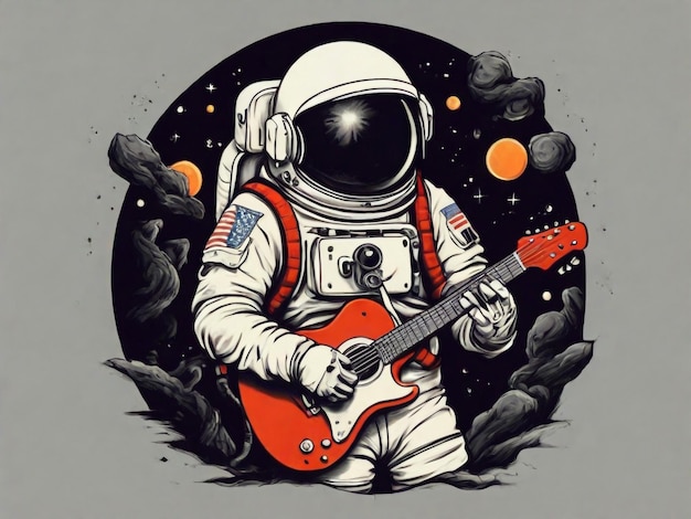 Des astronautes courent avec un t-shirt vectoriel de guitare