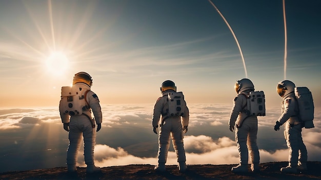 Photo des astronautes debout sur une surface rocheuse regardant un horizon nuageux avec le lever du soleil.