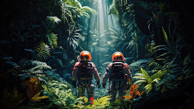 Astronautes explorant une jungle extraterrestre vibrante