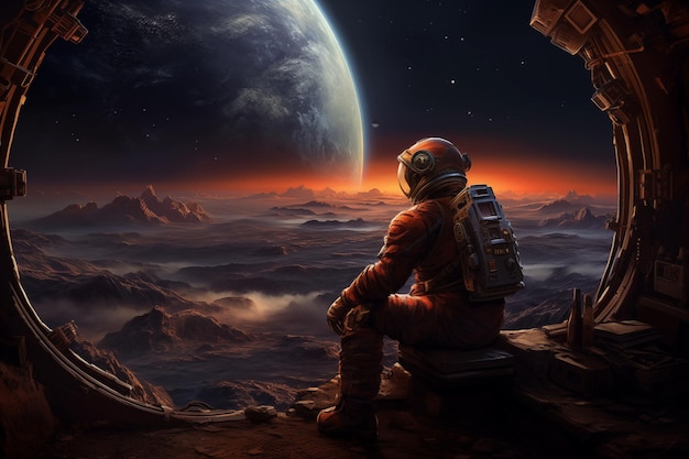 Des astronautes sur Mars, des voyageurs spatiaux explorant le paysage rouge sur le monde rouge.