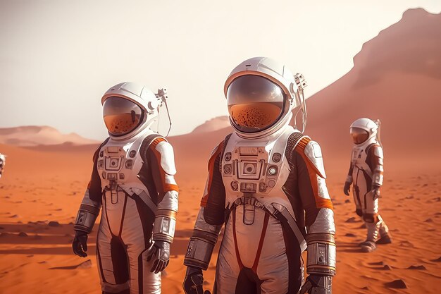 Astronautes portant une combinaison spatiale marchant sur une surface d'une planète rouge Mars Concept de colonisation de Mars AI