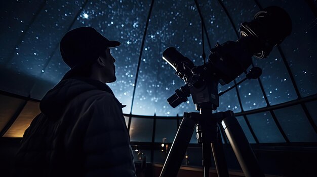 Un astronome enchanté regarde le ciel étoilé à travers un puissant télescope.