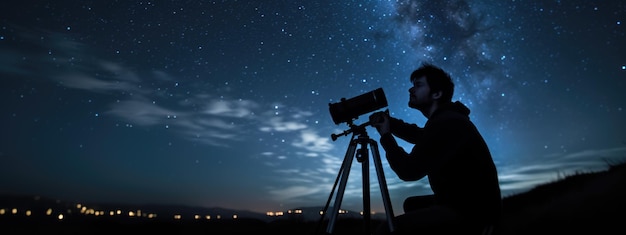 Photo un astronome masculin regarde le ciel nocturne à travers un télescope