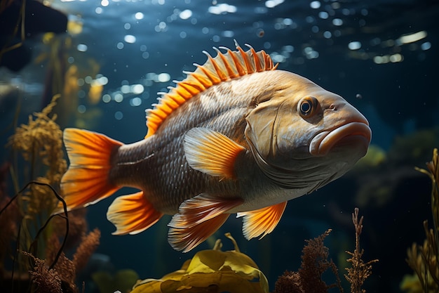 Astronotus poisson dans l'aquarium et les algues ombres douces regardent de l'intérieur F28 ISO 400 caractéristiques faciales claires éclairage d'accent cinématographique éclairage global