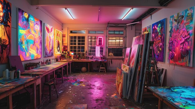 Photo un atelier d'art contemporain avec des zones créatives au néon et une variété de matériaux