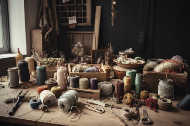 Atelier d'artisanat textile avec des fils et des outils affichés sur une table en bois créée avec une IA générative