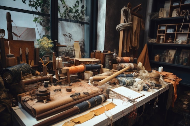 Atelier d'artisanat textile avec une variété de matériaux et d'outils exposés créés avec l'IA générative