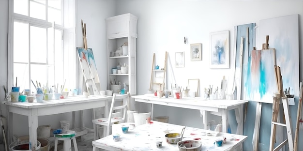 Atelier blanc Une salle d'artisanat d'atelier de peintre ou d'artiste avec un intérieur blanc AI générative