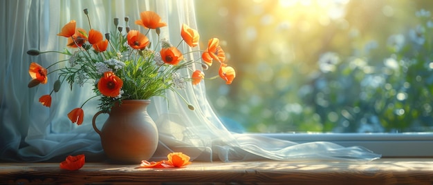 Atelier avec équipement artistique et une composition de coquelicots avec tissu de tulle et marguerites dans une cruche d'argile à l'intérieur