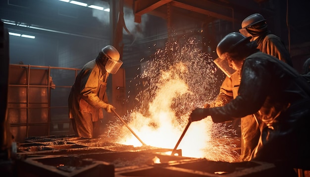 Atelier de fabrication de l'acier avec soudeurs travailleurs industriels portant des vêtements de protection