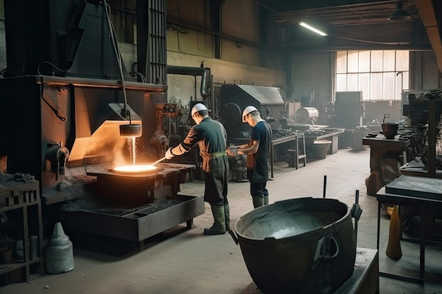 Atelier de fonderie avec une équipe d'artisans et de machines produisant des pièces métalliques de précision