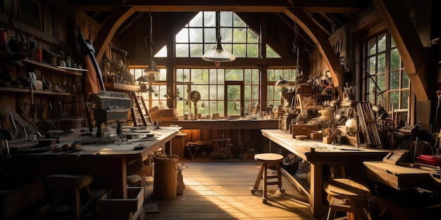 Photo atelier de garage polyvalent avec outils de fenêtre et fournitures d'artisanat