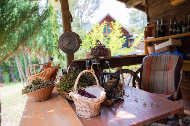 atelier d'herboristerie avec bouteilles et herbes médicinales