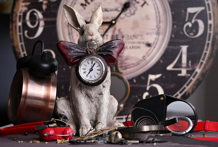 Photo atelier d'horlogers avec réveil, horloges murales, loupes et outils de réparation de montres