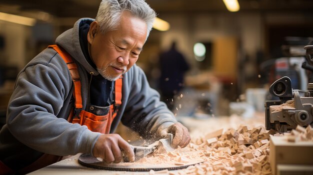 Atelier de menuiserie avec scies et sciure de bois