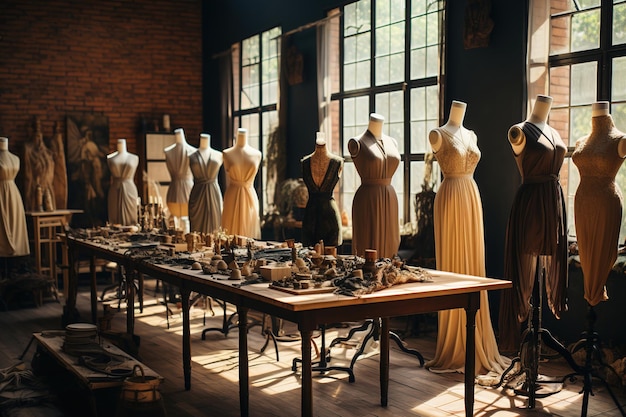 Atelier de mode avec des créateurs de vêtements en activité Mannequins et vêtements