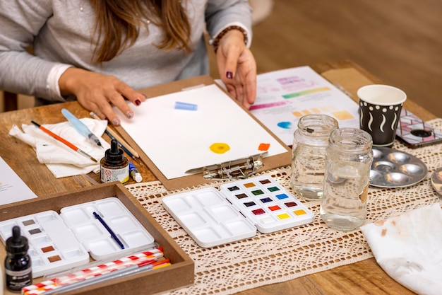 Atelier de peinture à l'aquarelle Femme d'âge moyen plaçant sa feuille à peindre