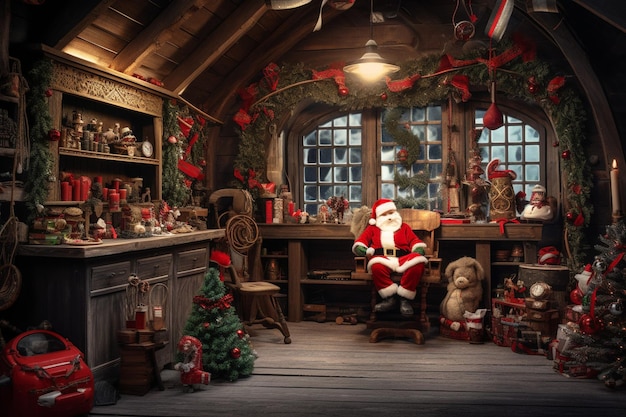 Atelier de Père Noël avec des jouets et des cadeaux