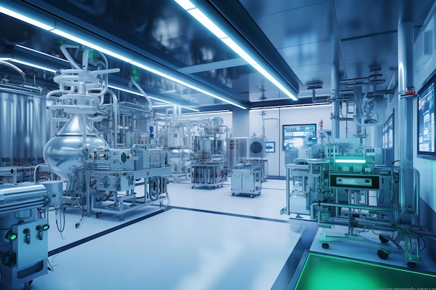 Atelier de production de médicaments contemporain intérieur salle stérile spacieuse et lumineuse équipée de machines industrielles modernes processus de fabrication produits pharmaceutiques semi-conducteurs biotechnologie rendu 3D
