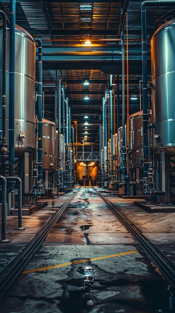 Photo atelier d'usine avec de grandes cuves et tuyaux métalliques