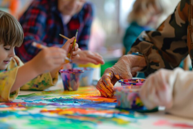 Des ateliers d'art dans un studio lumineux où les personnes âgées collaborent avec les enfants à des projets créatifs