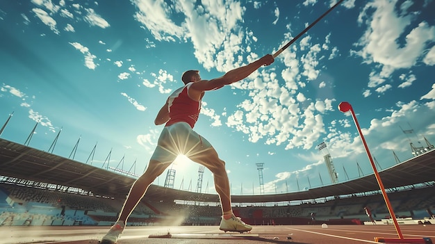 Photo athlète en action lanceur de javelot capturé en l'air lors d'une épreuve d'athlétisme