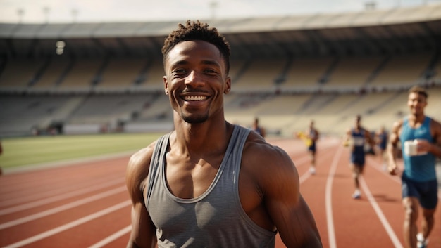 Photo un athlète afro-américain heureux sur une piste de stade