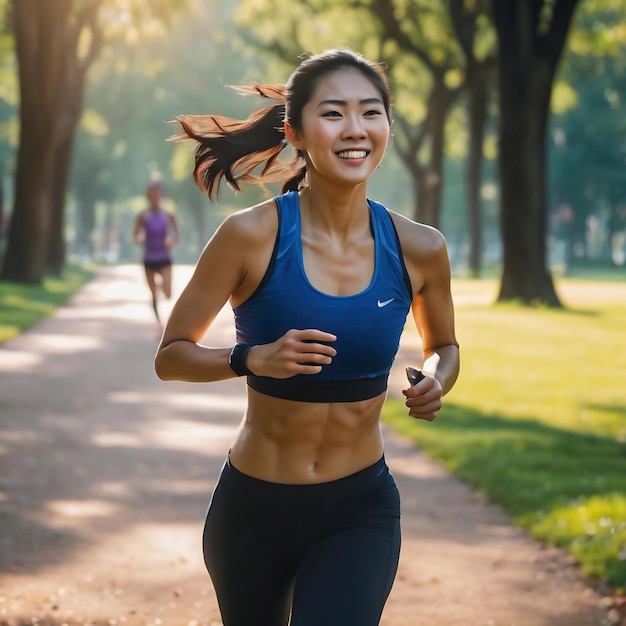 Une athlète asiatique heureuse boit de l'eau d'une bouteille tout en s'entraînant à l'air frais dans un parc.